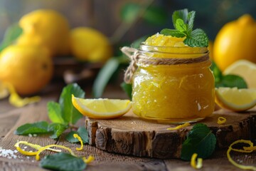 Wall Mural - Lemon jam jar on wooden board, showcasing vibrant citrus preserve