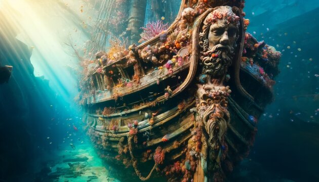 A detailed, close-up view of the figurehead at the bow of a sunken ship, covered in colorful coral and marine life.