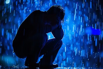 a silhouette of a person with their head down in a blue light rain