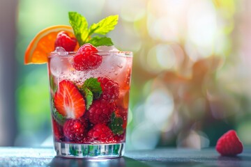 Wall Mural - A glass is filled with strawberries and raspberries on a table