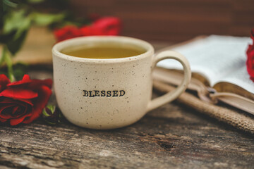 Canvas Print - BLESSED, cup of tea and open Bible, Christian good morning concept