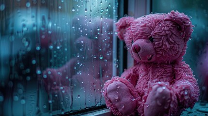 A melancholic pink teddy bear gazes out the window longingly on a rainy autumn day with raindrops tracing delicate patterns on the glass in a close up view