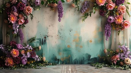 Canvas Print - a floor-to-ceiling studio backdrop framed on the sides by a floral arch of exotic flowers. The bottom of the image depicts a vintage floor.