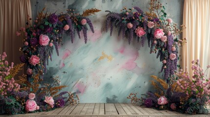 Canvas Print - a floor-to-ceiling studio backdrop framed on the sides by a floral arch of exotic flowers. The bottom of the image depicts a vintage floor.