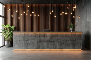 Wall Mural - In this image, a modern wooden desk is placed against a concrete wall, with soft lighting, illustrating a corporate interior design concept.