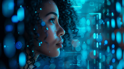 Wall Mural - AI cyber security threat, female african american IT specialist analysing futuristic holographic data information. blue colour, sugmented reality artificial intelligence concept banner