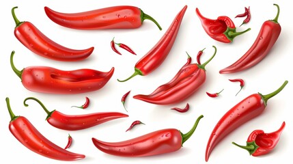 Wall Mural - Isolated red hot chili peppers over a transparent background, spicy jalapenos, whole and cut in half, top and side views, PNG