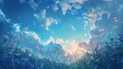 Wall Mural - A field of flowers with a blue sky in the background