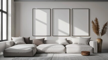 A modern Scandinavian interior living room with three picture frames. An empty wall mockup with a wooden floor and many dry plants, in a white room with wooden floor and lots of dry plants.