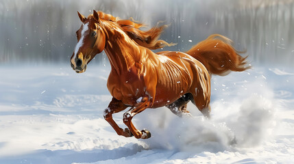 Wall Mural - stallion running fast on snow. oil painting for horse. Wall Art Poster Print Design for Home Decor, Decoration Artwork, High Resolution Wallpaper & Background for Computer, Smartphone, Cellphone