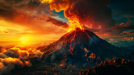 Wall Mural - Volcanic eruption, majestic landscape with volcano and lava. Wall Art Poster Print Design for Home Decor, Decoration Artwork, High Resolution Wallpaper & Background for Computer, Smartphone, Cellphone