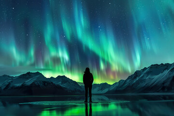 a person stands on a lake in front of a beautiful aurora
