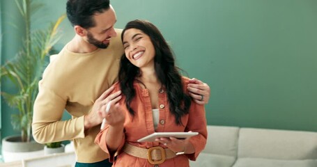 Poster - Couple, home and happy with covering eyes on tablet for buying or purchasing furniture. New house, relationship and people with smile or surprise with ownership or property and online shopping