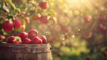 Wall Mural - An apple barrel in the farm and harvest season with sunlight and a vanilla sky. It was generated by computer vision and artificial intelligence.