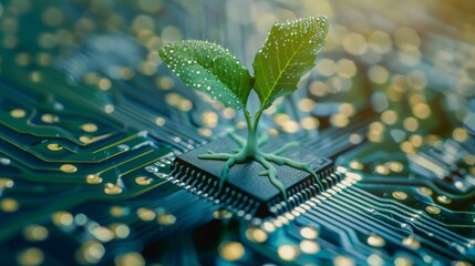 Wall Mural - A tree growing on the converging point of computer circuit board. Green computing, green technology, green IT, CSR, and IT ethics. Green technology concept. Environment green technology.