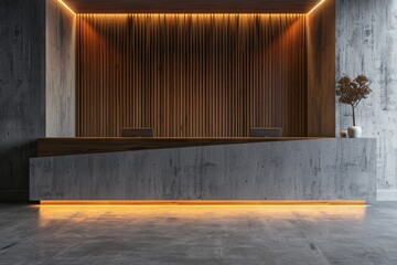 Wall Mural - An office reception area with a modern wooden desk and a concrete wall, illustrating corporate interior design concepts.