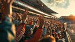 © DZMITRY - This photo depicts spectators cheering for their favorite driver during a race. The spectators were wearing their team's colors, depicting excitement, anticipation, or support for their driver.