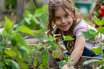 Two children are looking at plants in a garden