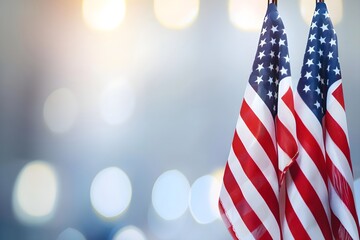 Wall Mural - American flags waving on blurred background for honoring. USA flag for Memorial Day, 4th of July, Labour Day, Independence Day. Happy Veterans Day. Remember and Honor concept. Banner with copy space