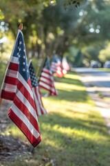 Wall Mural - American flags waving outdoor for honoring. USA flag for Memorial Day, 4th of July, Labour Day, Independence Day. Happy Veterans Day. Remember and Honor concept
