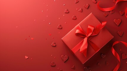 Sticker - Valentine s Day Decorations with Red Giftbox and Heart Pattern on Isolated Background