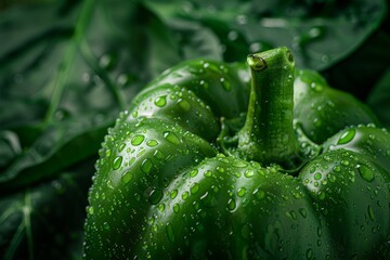 Wall Mural - The image shows a detailed view of a green pepper covered in water droplets