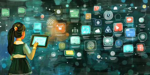A young girl stands in front of a digital interface, holding a tablet computer. The interface is filled with colorful icons and symbols, representing various online activities