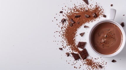 Celebrate World Chocolate Day with a tempting flat lay of a chocolate milk cup and a hot cocoa on a white background perfect for a nutritious breakfast or a cozy moment Indulge in this heal