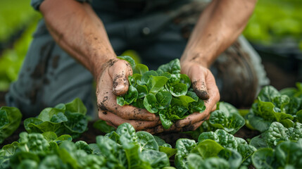 Wall Mural - Farmer close-up holding and picking up green lettuce salad leaves with roots