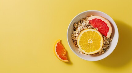 Wall Mural - Tasty morning meal sliced apple muesli grapefruit in bowl on yellow backdrop