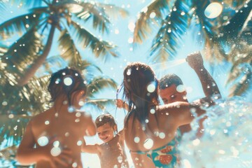 Family playing in a pool with palm trees in the background