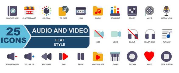 vector about audio and video.flat icon set.contains  CLAPPERBOARD,VOLUME,CONTROL,CD CASE,TAPE,SPEAKER,VOLUME,UP,DOWN,DECREASE,ADD,PREVIOUS.
