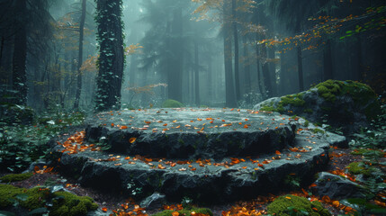 Wall Mural - Flat stone podium in the magical forest , empty round stand background