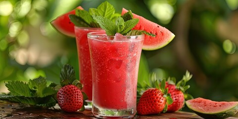 fruity summer cocktail with strawberries, watermelon, and mint