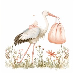 Wall Mural - A cute stork bird carrying a baby girl is illustrated beautifully in this stock clip art illustration.