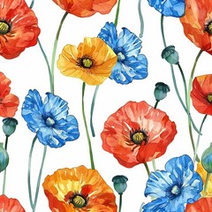 Poster - Watercolor hand-drawn colorful poppy flowers seamless pattern. Stock illustration.