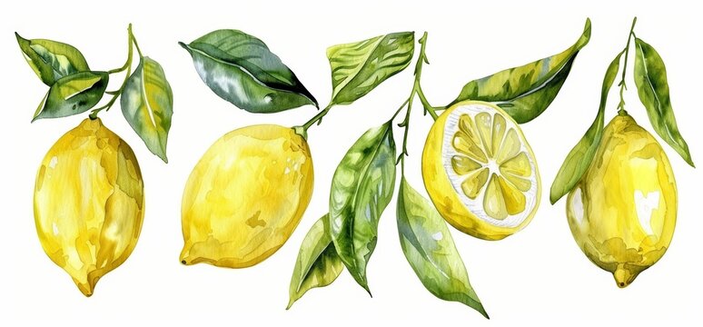 Illustration with hand drawn watercolor yellow lemons and flowers.