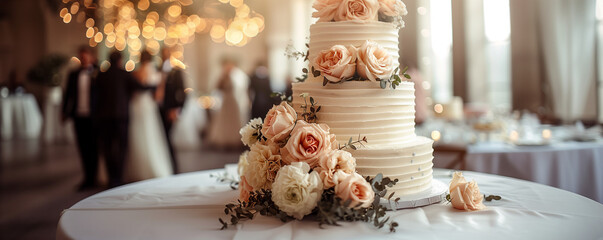 Wall Mural - A beautiful three-tiered wedding cake with beige and pink flowers, placed on an elegant table in front of the blurred background of guests dancing at a festive reception event or party. 