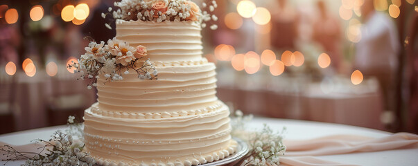 Wall Mural - A beautiful three-tiered wedding cake with beige and pink flowers, placed on an elegant table in front of the blurred background of guests dancing at a festive reception event or party. 