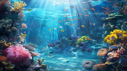 An underwater scene in a tropical sea, showcasing fishes swimming around coral reefs. This marine panorama captures the vibrant wildlife of the oceanarium, ideal for snorkeling and diving enthusiasts.
