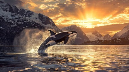 A killer whale, also known as an Orca, leaps out of the sunset ocean waters, creating splashes against the backdrop of Norway's fjords. 