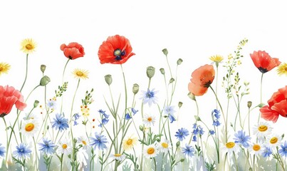 Wall Mural - Hand drawn watercolor field wild flowers in a seamless floral summer pattern.