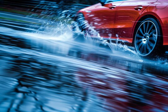A red car driving through a water puddle on a wet road, vehicles and water