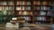 © TheWaterMeloonProjec - Textbooks on wooden table with blurry bookshelf background Symbolizes education knowledge and traditional learning