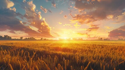 Wall Mural - As the sun sets over the wheat fields in the rural countryside envision a tranquil and unplugged scene basking in the warm summer sunlight