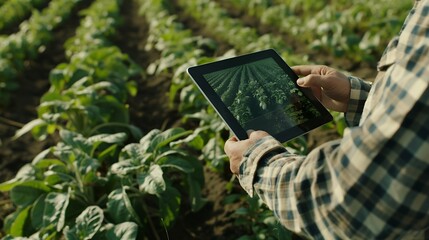 Fototapete - Farmer or agronomist uses digital tablet to analyse and check the growth and disease of the blooming plants in the potato field Smart farming technology and agriculture business concep : Generative AI