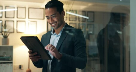 Poster - Businessman, research and night with tablet in browsing, online trading or investing at office. Happy man, employee or trader with smile on technology for stock market, finance or profit at workplace