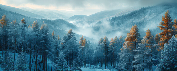 Poster - A misty pine forest from above, covered in a light layer of frost, creating a winter wonderland effect