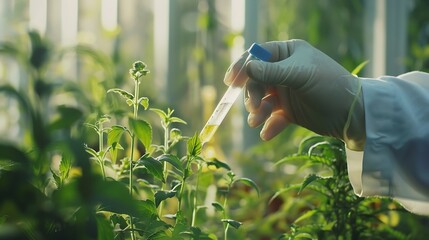 Fototapete - agriculture nature growth science researcher eco chemical laboratory farming organic researcher of hands hold a test tube and research paper for memo sample organic agriculture laborat : Generative AI