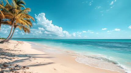 Tropical beach with palm trees and clear blue water under a sunny sky, showcasing the tranquility of a coastal paradise.